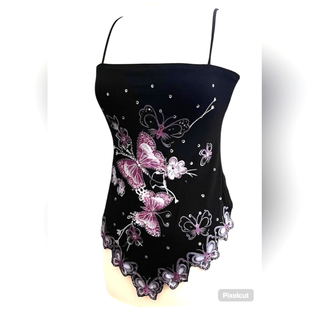 Vintage 90's 'I Love You' goth black/pink butterfly spaghetti strap top 2XL